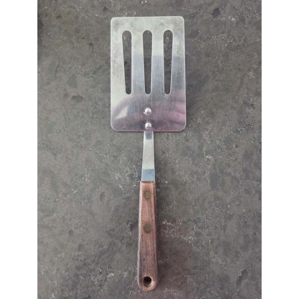 Vintage Robinson Stainless Steel Slotted Spatula Turner Wood Handle USA